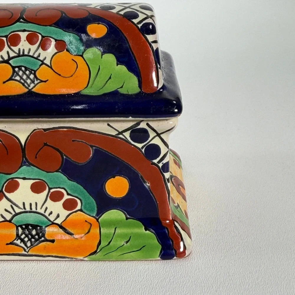Vintage Talavera Trinket Box Small Multicolor Mexican Pottery Hand Painted